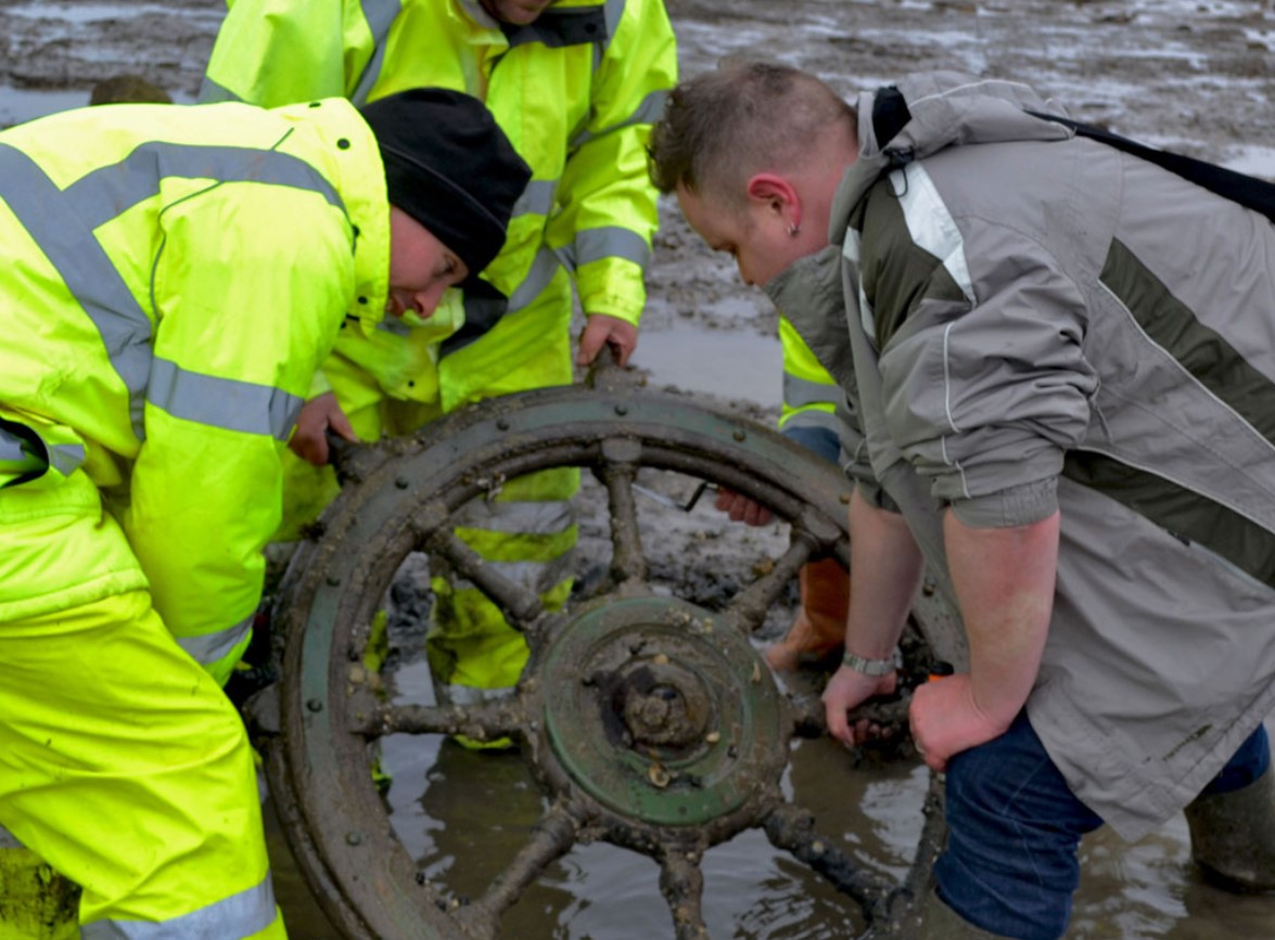 A ship's wheel from a shipwreck discovered off the UK coast