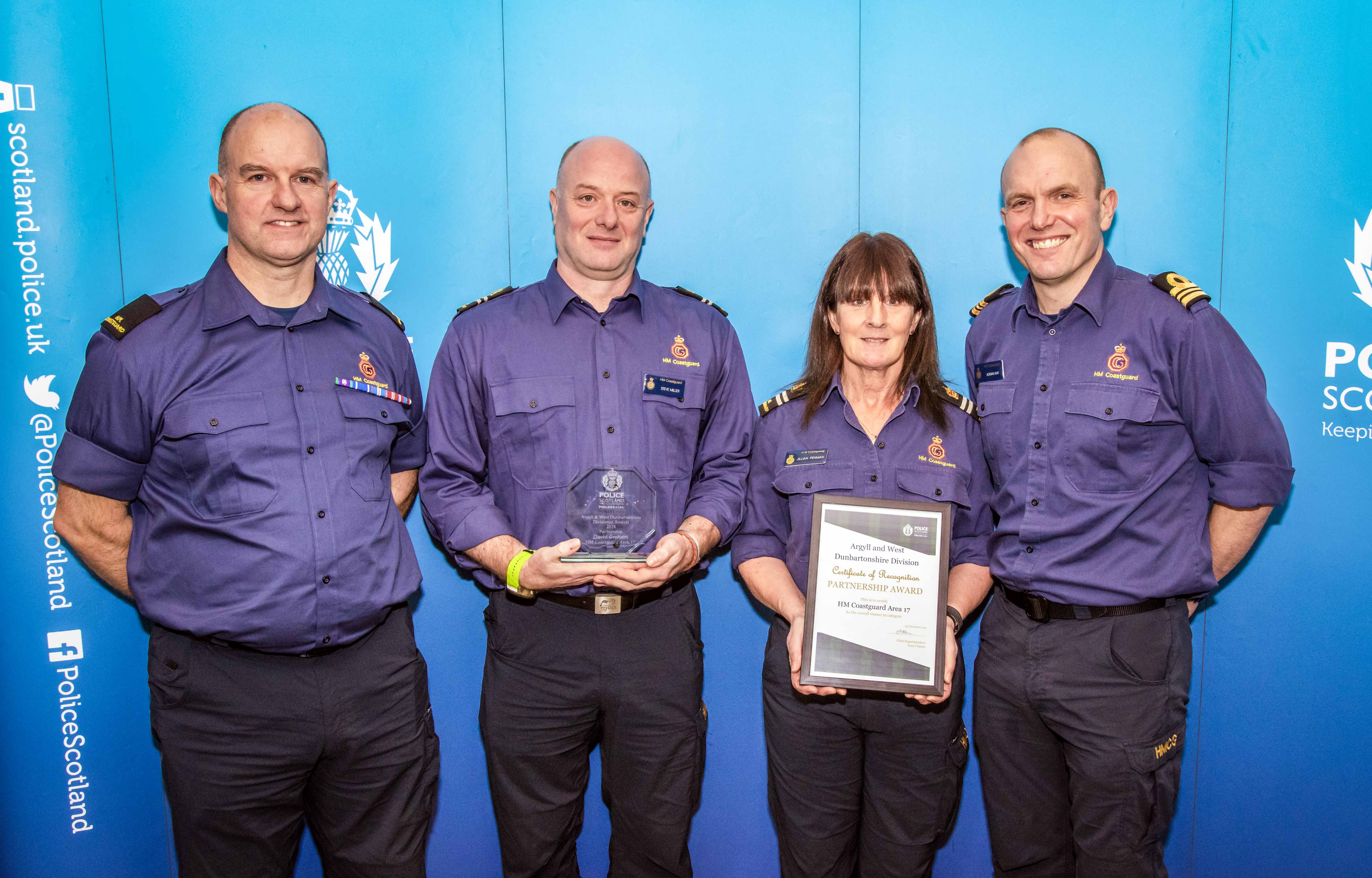 Neil Carey (Coastguard Rescue Officer, Campbeltown Coastguard Rescue Team), Steven Miller (Station Officer, Oban Coastguard Rescue Team), Jillian Penman (Station Officer, Inveraray Coastguard Rescue Team) and Adrian Kay (Senior Coastal Operations Officer, HM Coastguard Argyll & Islands).