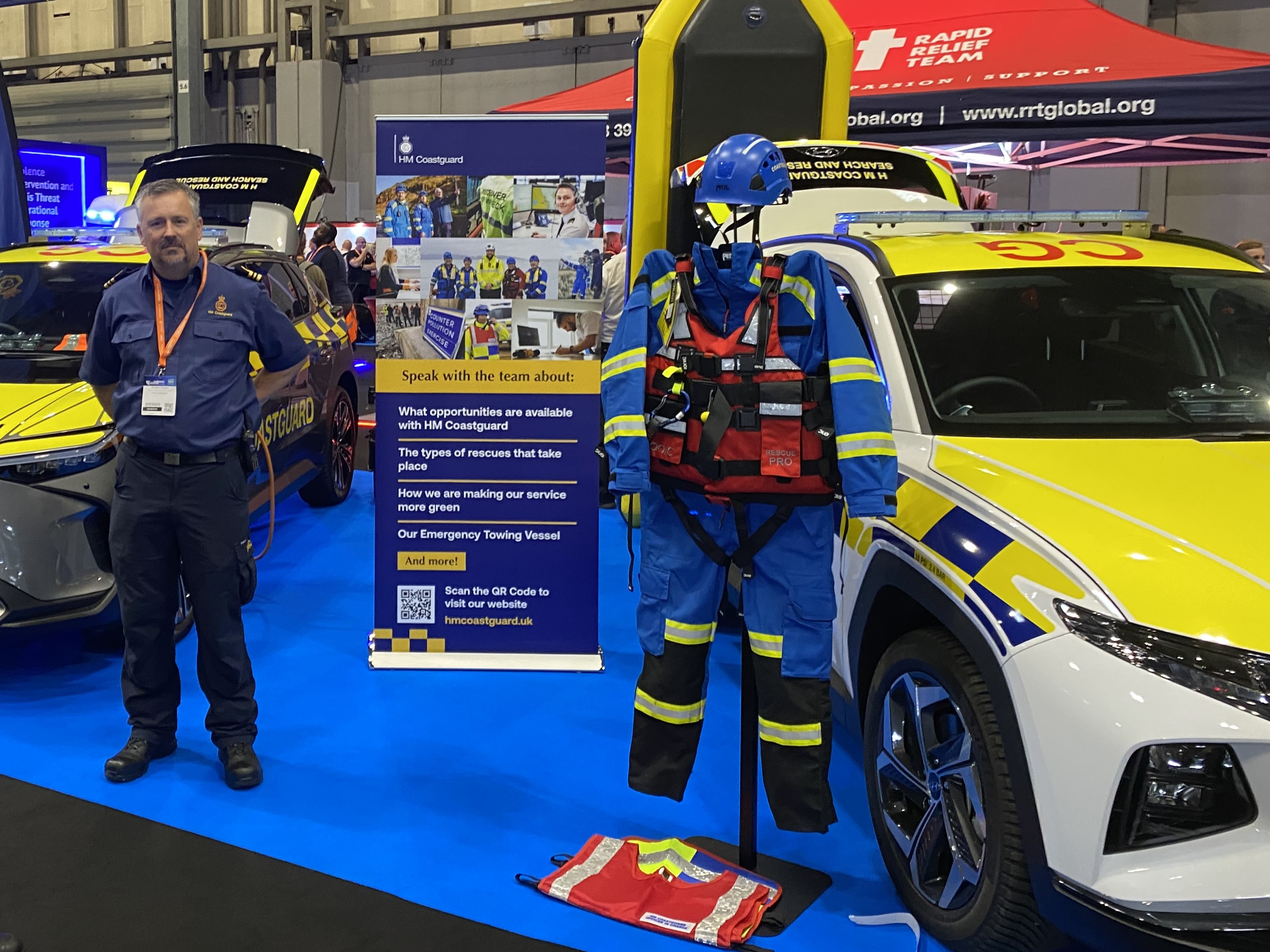 A blue coastguard overall on display at the HM Coastguard stand