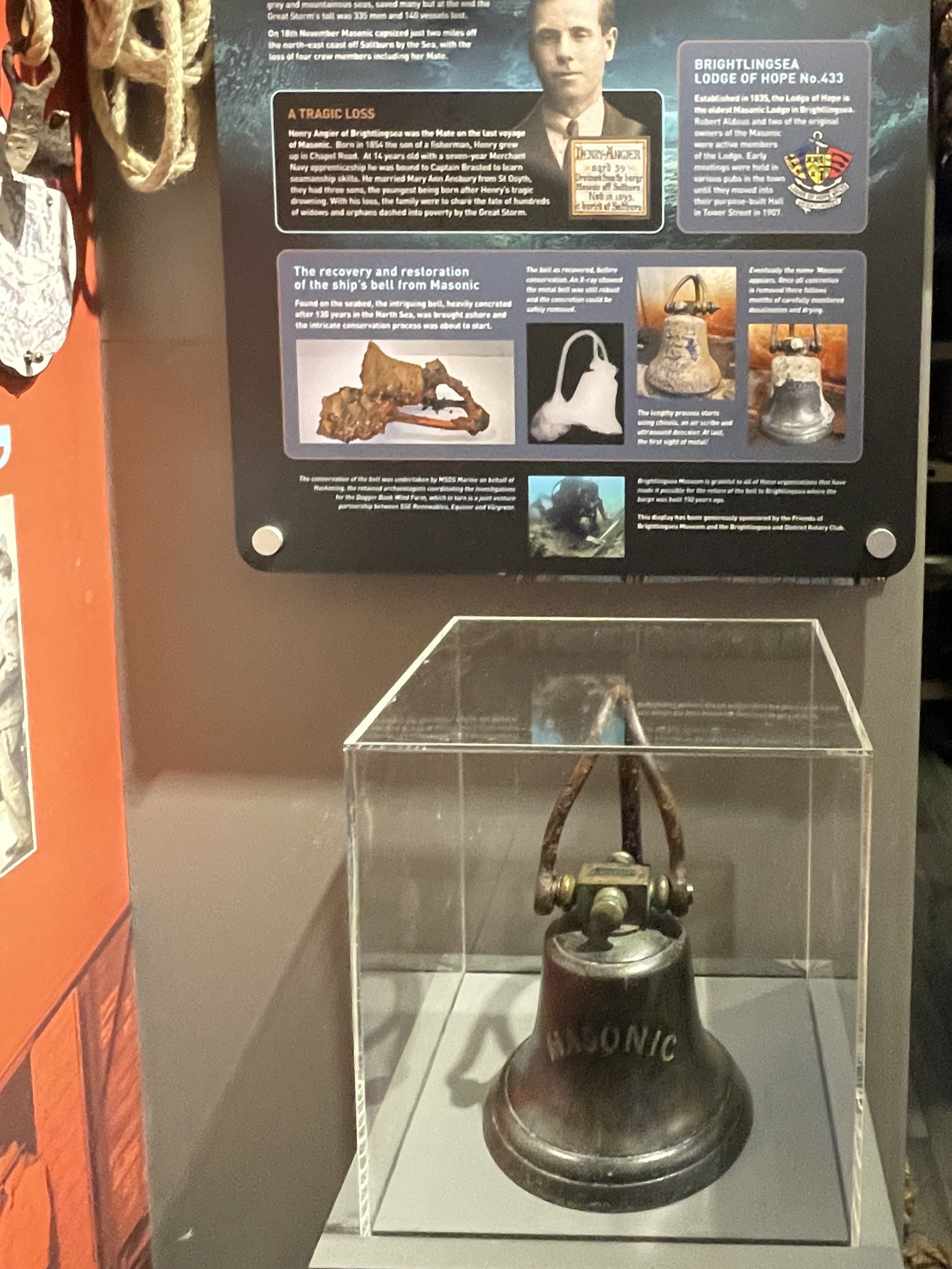 The bell of the Masonic on display at Brightlingsea Museum, Essex