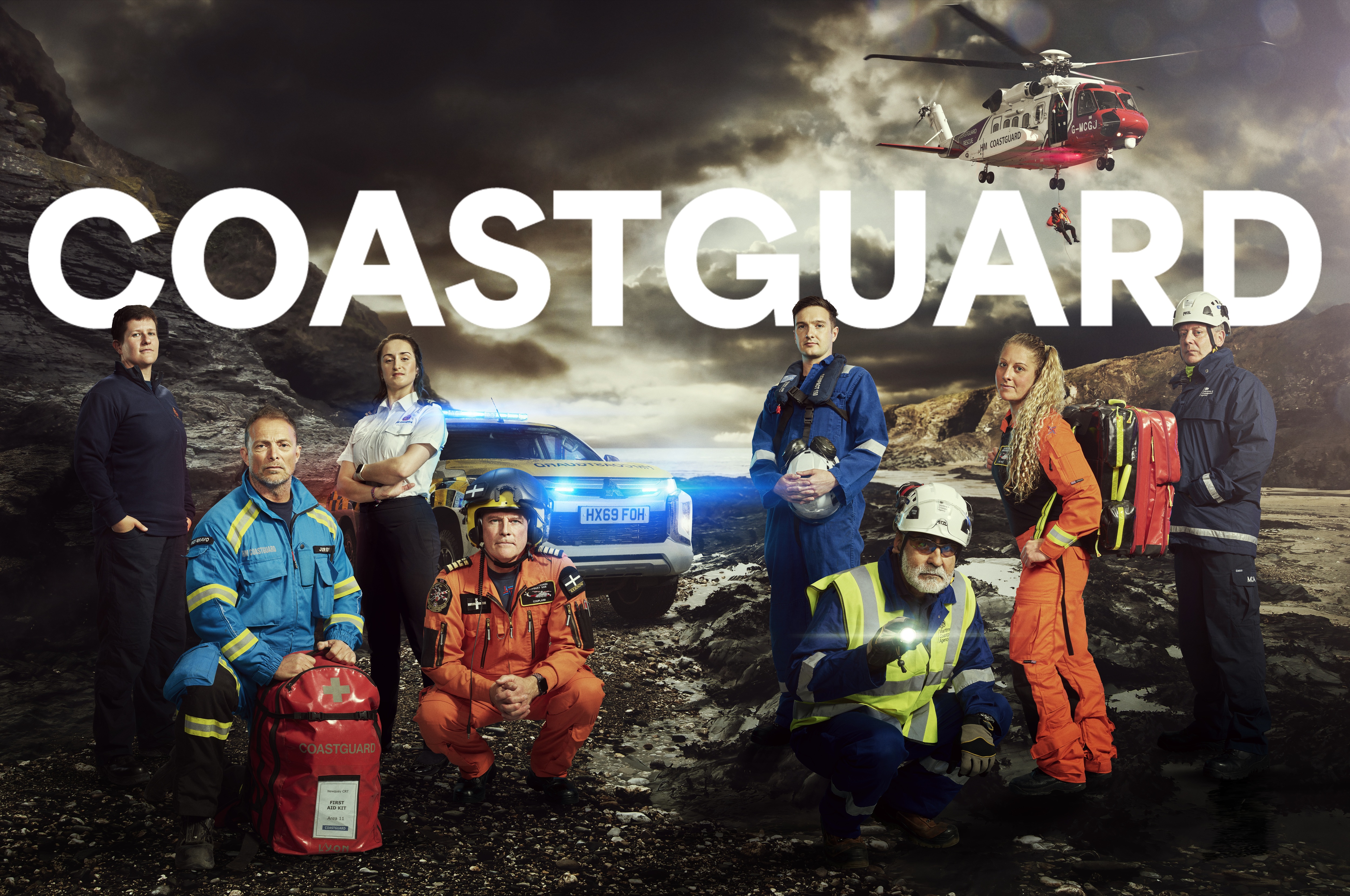 A poster for the Channel 5 Coastguard documentary, showing eight Maritime and Coastguard Agency personnel against a coastal backdrop