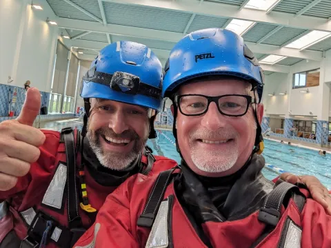 Tony Phillips (left) and Chris Dunn in water safety kit and helmets