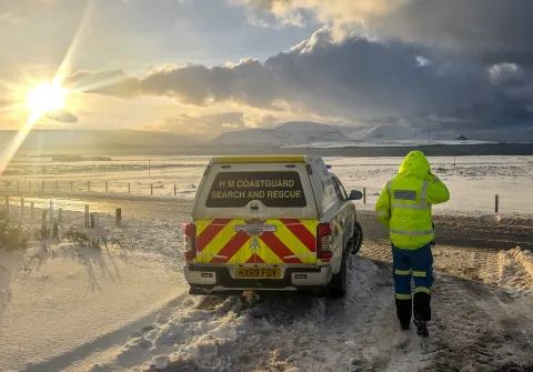 An HM Coastguard Rescue Vehicle in adverse weather conditions at Orkney