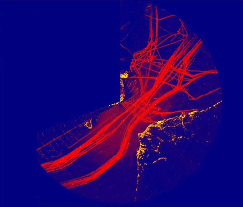 Radar composite of the Dover Straight showing heatmap of the high volume of traffic