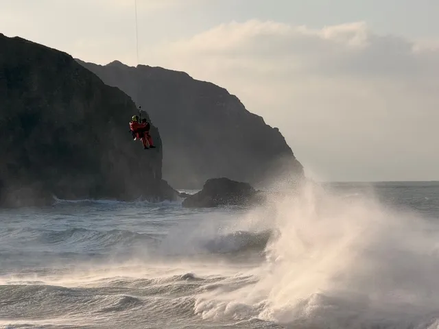 HM Coastguard Search and Rescue Helicopter R924 effects a rescue at Perranporth. December 2025. 