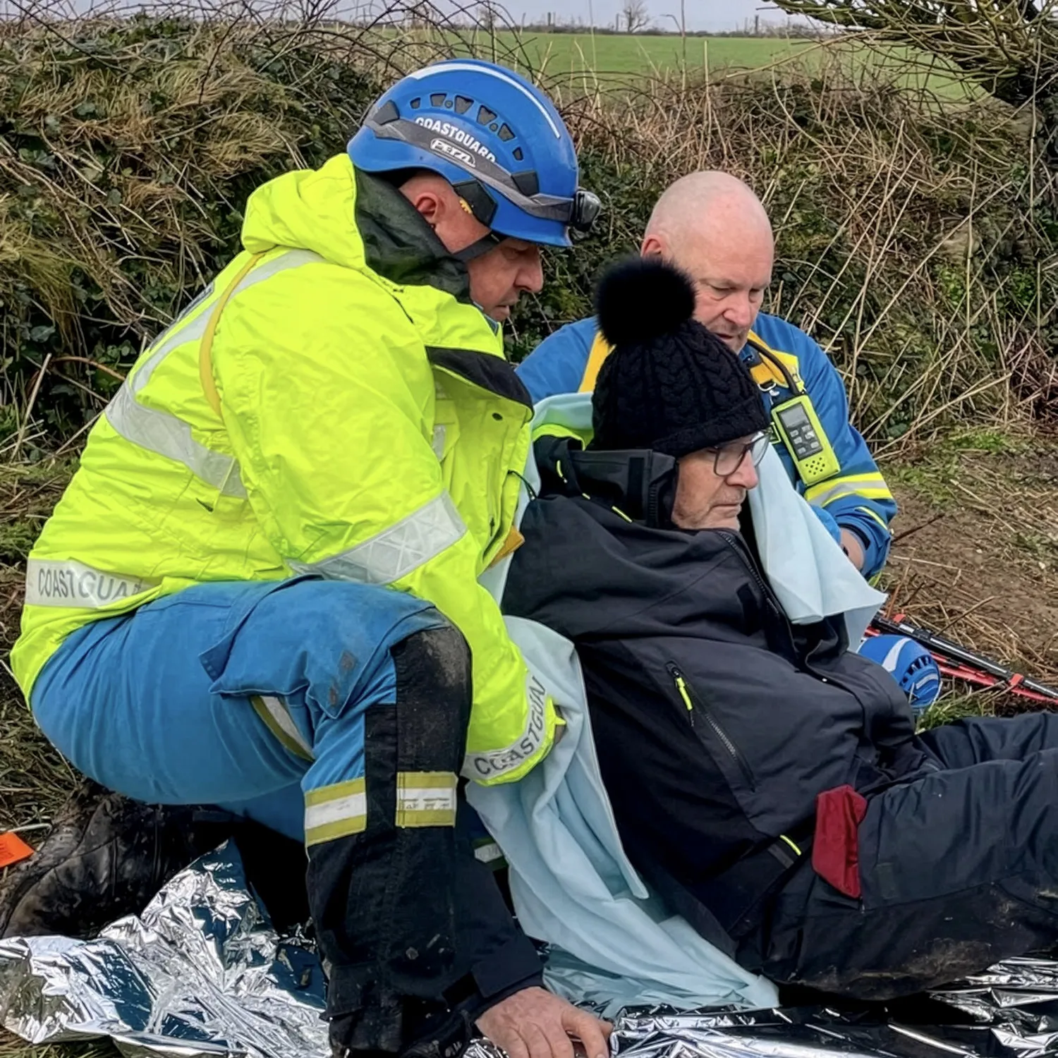 Professor Lavy being assessed by St Austell Coastguard Rescue Team 