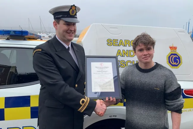 James Mathieson receiving a Royal Humane Society Certificate in recognition of his act of bravery.