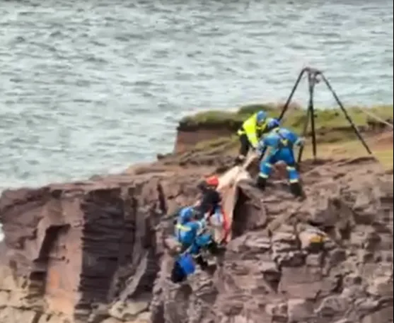 Coastguard rope technicians help a boy to the top of a sea cliff