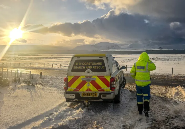 An HM Coastguard Rescue Vehicle in adverse weather conditions at Orkney